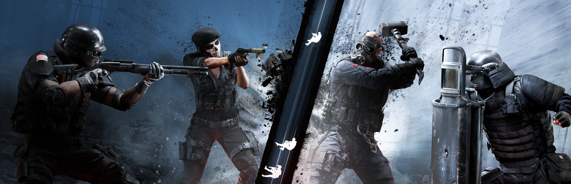 Official Rainbow Six Siege artwork showing attackers and defenders breaching a wall