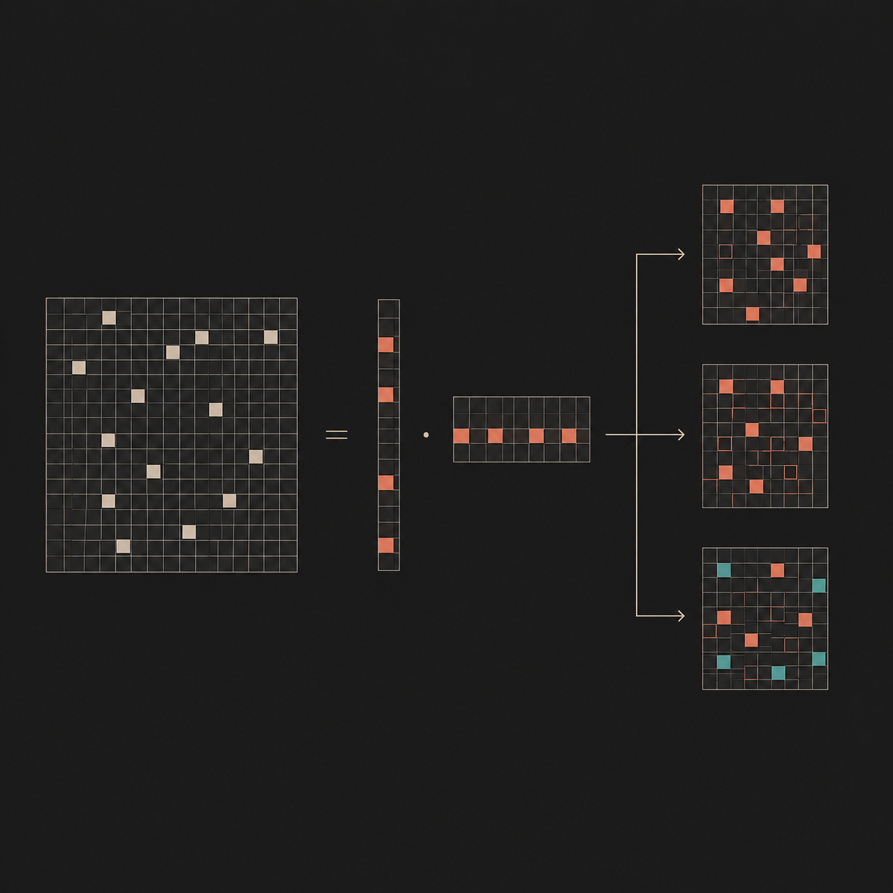 Low-rank adaptation visualized as a large matrix decomposed into compact factor matrices and several adapted outputs